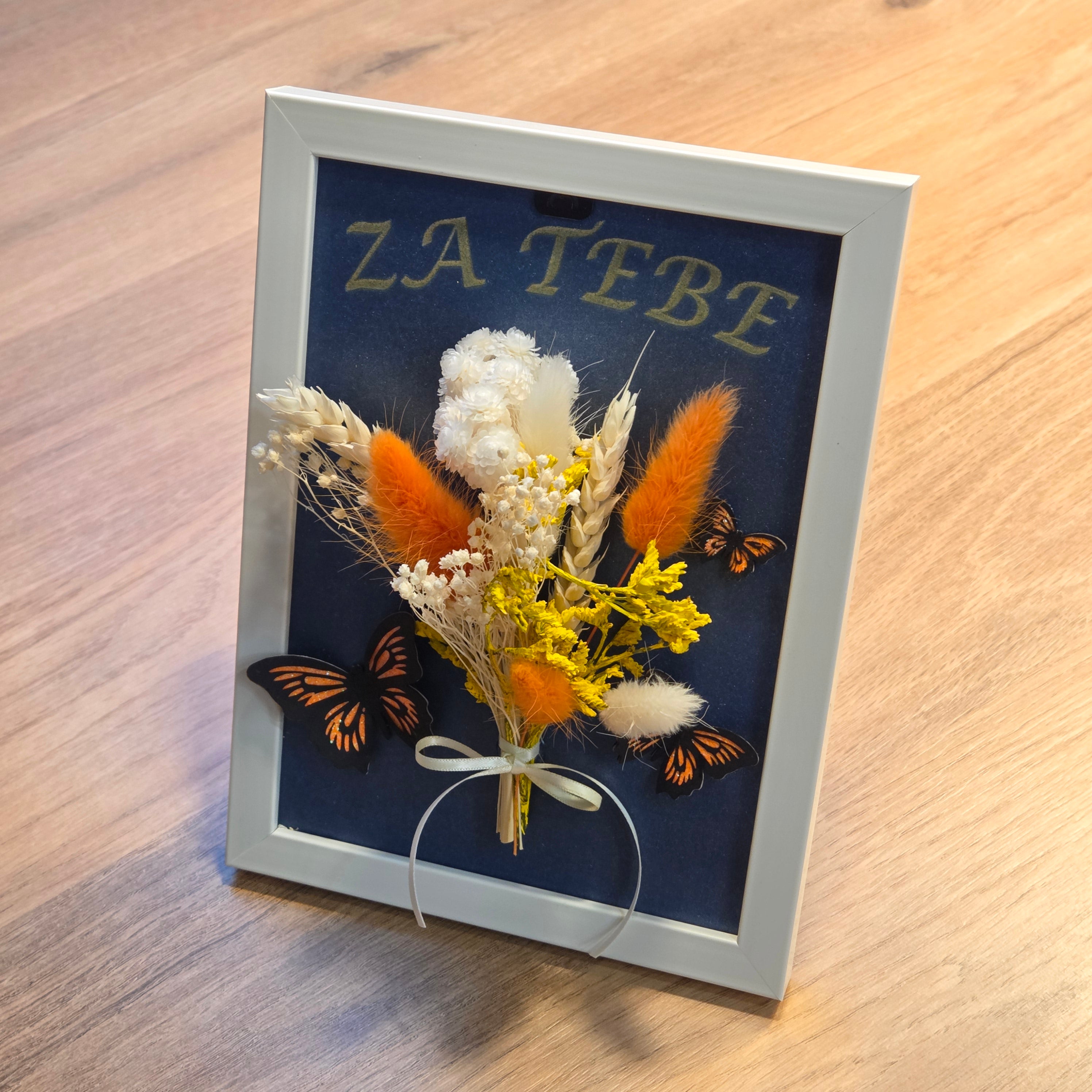 Zierrahmen mit Trockenblumen und Schmetterlingen – Für dich (blauer Hintergrund)