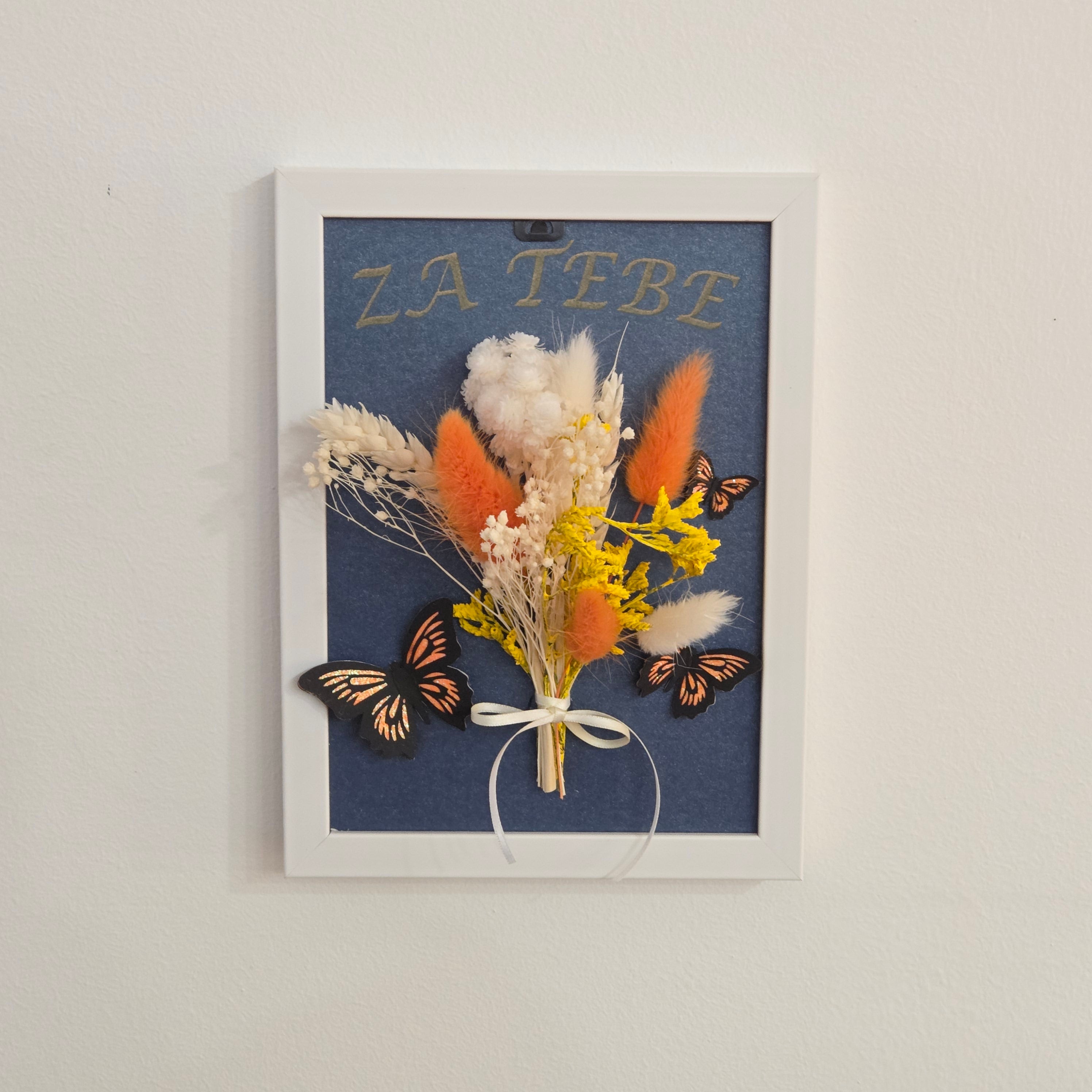 Zierrahmen mit Trockenblumen und Schmetterlingen – Für dich (blauer Hintergrund)