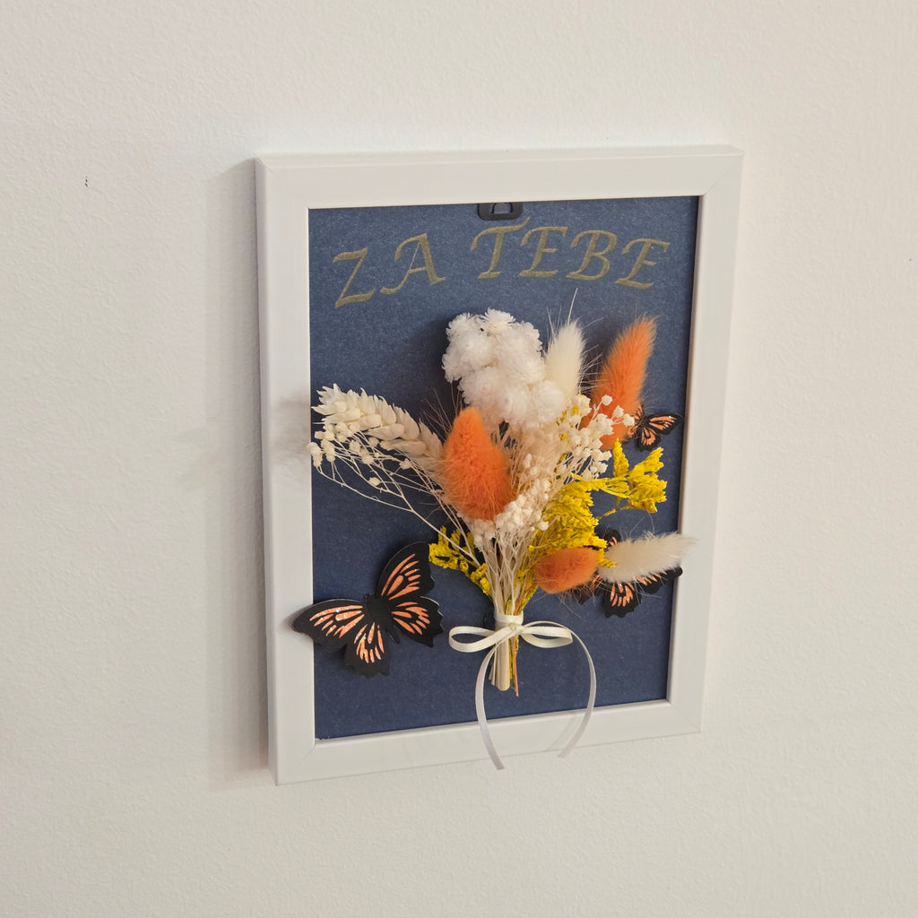 Okrasni okvirček s suhim cvetjem in metulji – Za tebe (modra podlaga)