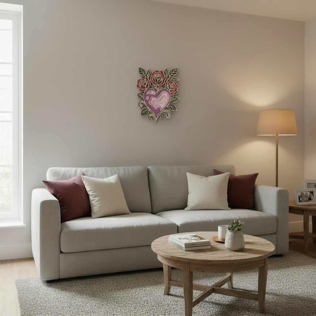 Rožna mandala s srcem – lesena stenska dekoracija