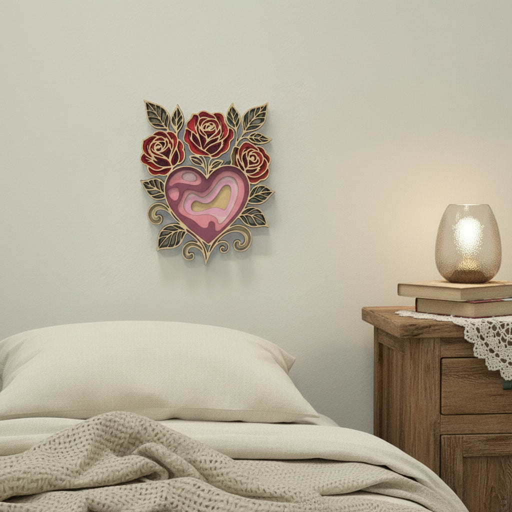 Rožna mandala s srcem – lesena stenska dekoracija