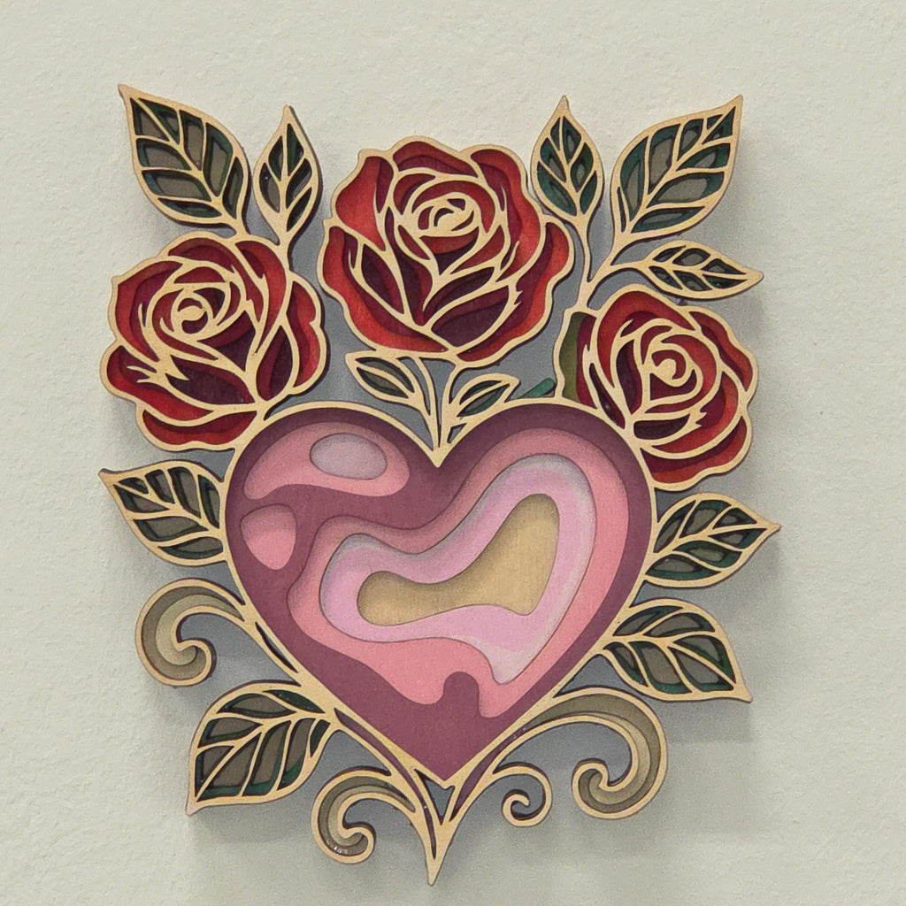 Rožna mandala s srcem – lesena stenska dekoracija